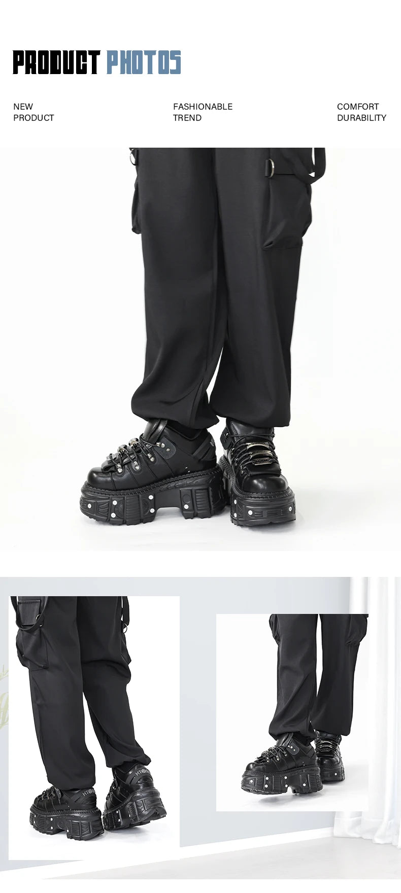 New Punk Style Lace-up Women’s Platform Boots with 6CM Heel, Gothic Rock Ankle Boots, Metal Decor Sneakers