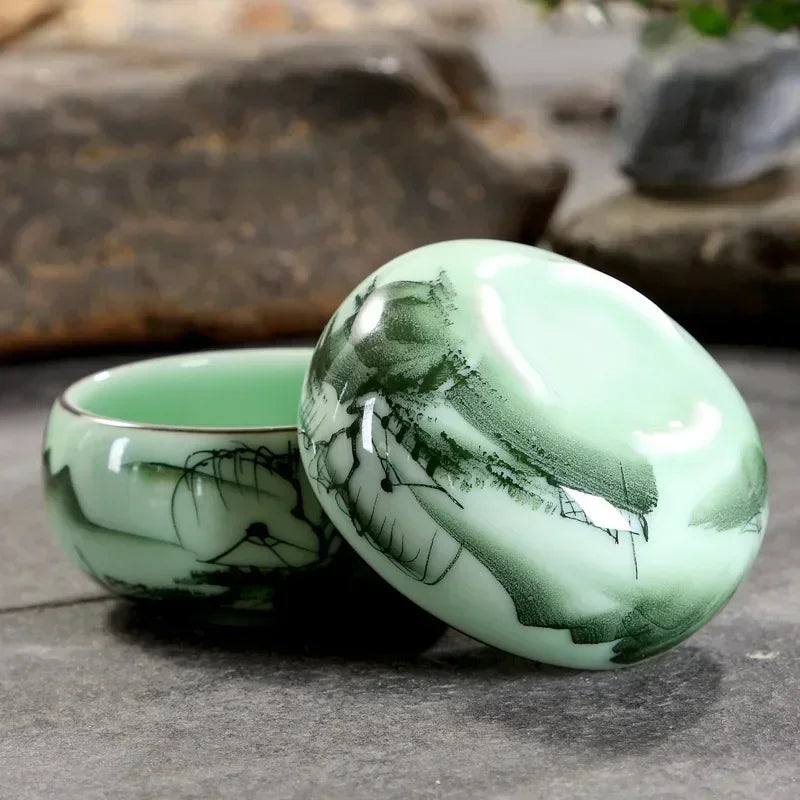 Traditional Celadon Hand-Painted Teacup — 80ml Ceramic Lotus & Bamboo Double-Fish Chinese Tea Cup