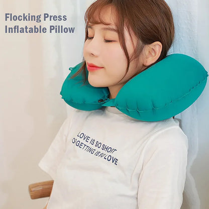 Foldable Travel U-Shape Neck Pillow - Portable Press-Inflatable Cushion for Airplane and Car Rest
