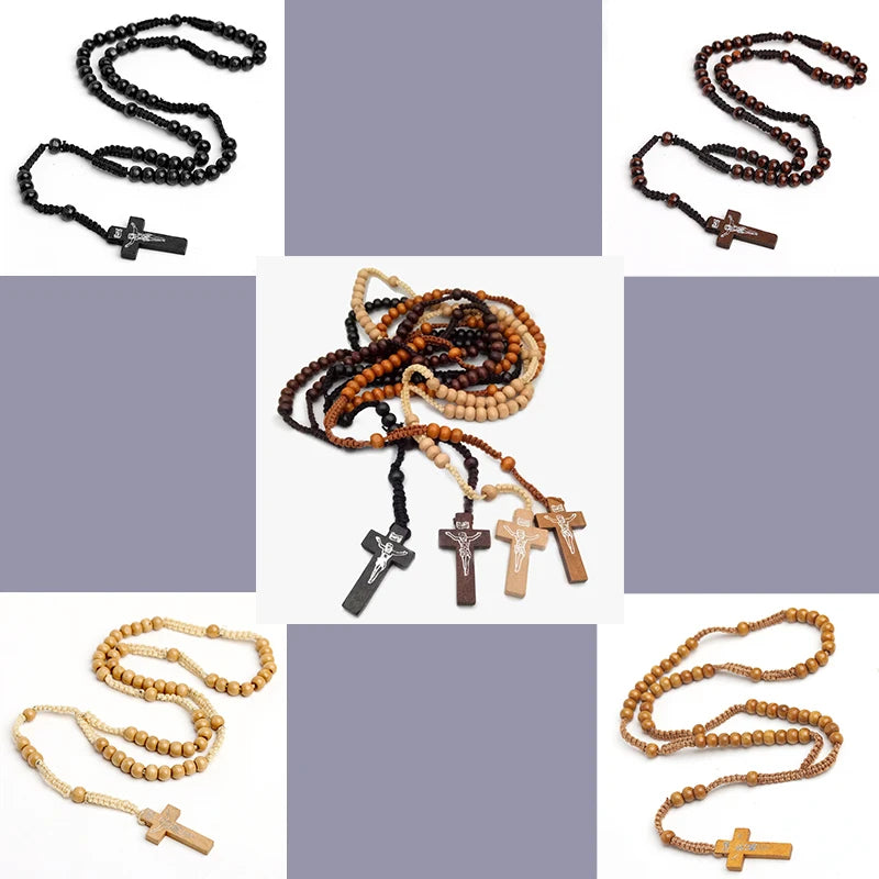 8mm Wooden Rosary Beads Necklace – Catholic Orthodox Cross Pendant, Woven Rope Prayer Chain for Men, Spiritual Gift (Black/Brown/Khaki)
