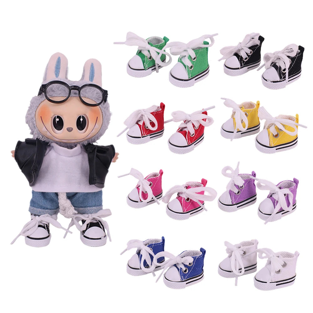 3.8cm Doll Shoes for 17cm Labubu Doll — Solid Color Lace-Up Canvas PU Shoes, Doll Clothing Accessories & Girl’s Toy Gift