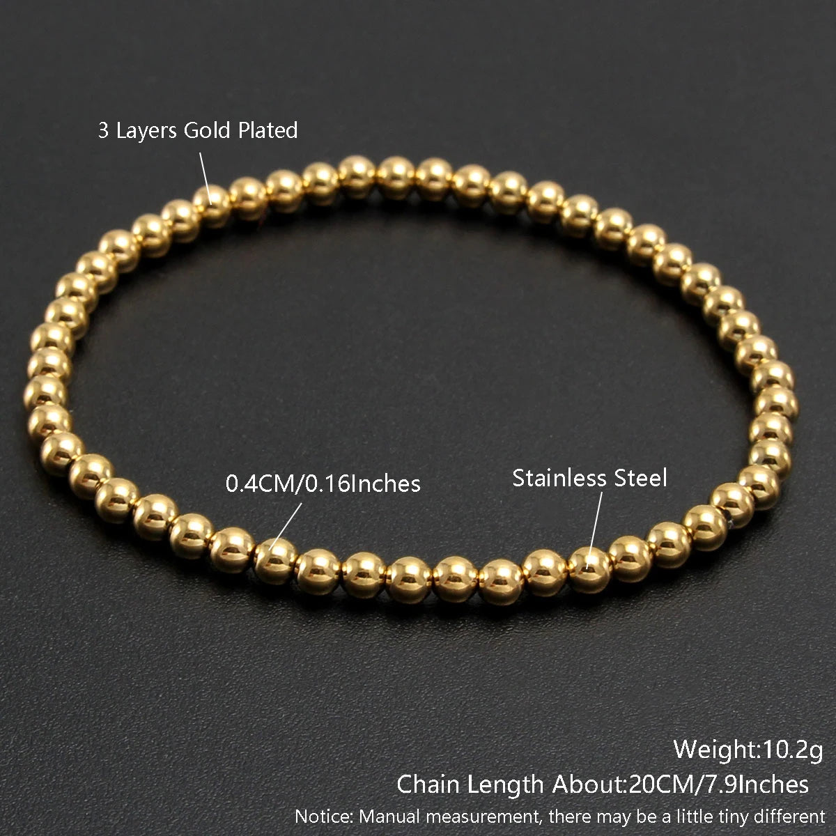 MHS.SUN Trendy Stainless Steel Stretch Bracelet — Gold & Silver Beaded 2mm/5mm/8mm for Men & Women