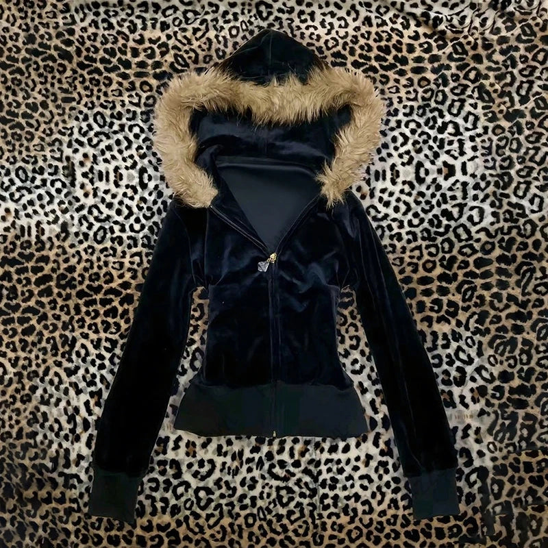 Pink Leopard Print Hooded Zipper Sweatshirt – Slim Fit Long Sleeve Streetwear for Spring & Autumn
