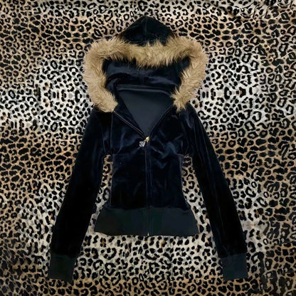 Pink Leopard Print Hooded Zipper Sweatshirt – Slim Fit Long Sleeve Streetwear for Spring & Autumn