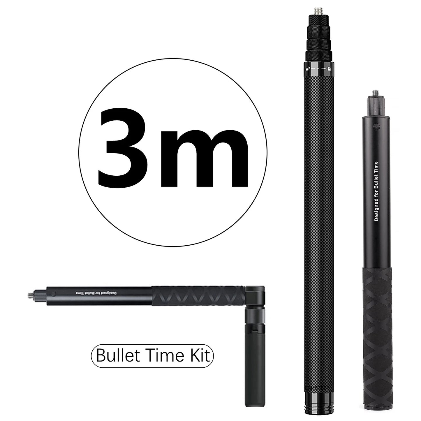 Carbon Fiber Invisible Selfie Stick 1.2m/3m – Bullet Time Rotating Tripod Handle for GoPro & Insta360 X4/X3/X2
