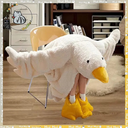 Thick Coral Fleece Hooded Robe — Big Goose Cartoon Nightgown for Couples, Cute Duck Sleepwear & Home Cosplay