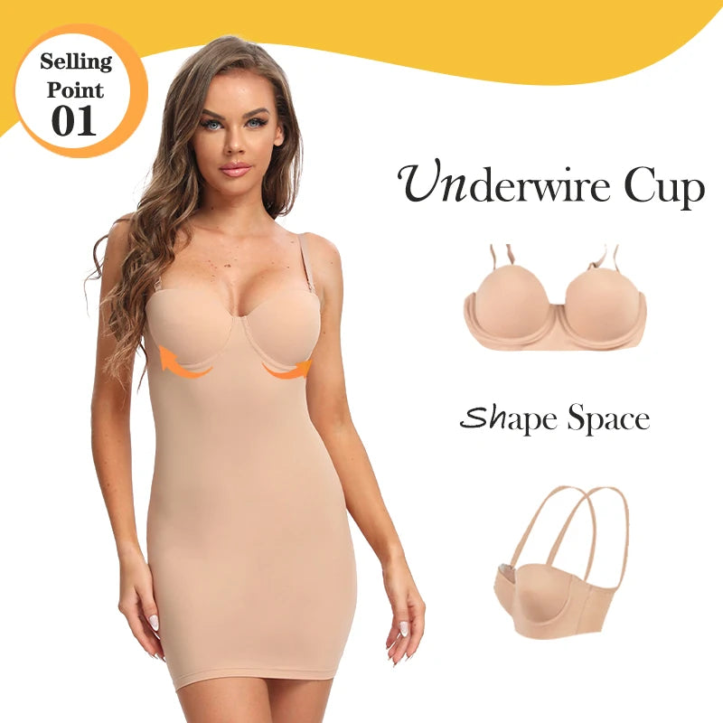 Full Length Nude Slimming Shapewear Slips: Straight Tube Dress Body Shaper for Women - Underwire Cup, Skinny Fit, Black