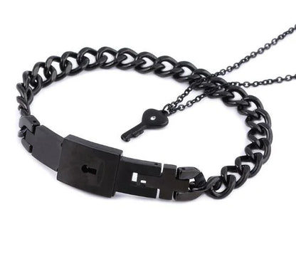 Couple Stainless Steel Love Lock Bracelet with Key Pendant Necklace – Romantic Jewelry Gift for Men and Women