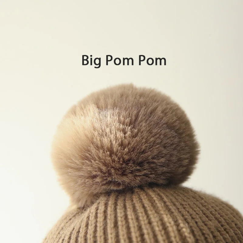 Winter Baby Beanie Hat with Pompom & Earflaps – Thick Wool Plush Knitted Cap for Girls & Boys, Ages 2-8T
