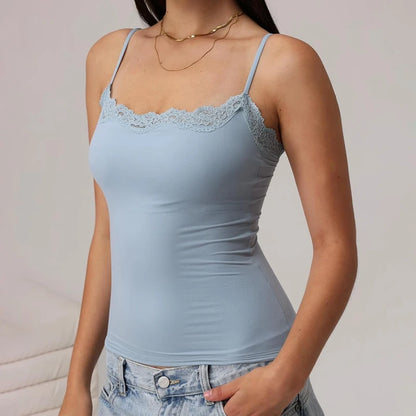 Fairy Coquette Lace Trim Slim Fit Women’s Y2K Crop Camisole Top – Summer Spaghetti Strap Sleeveless Solid Color Tank Vest