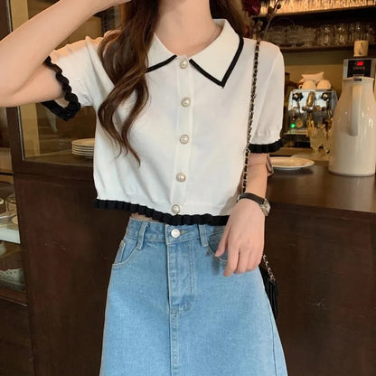 Women’s Summer Knitted Blouse — Chic Retro Slim Short Sleeve Crop Top, All-Match Style
