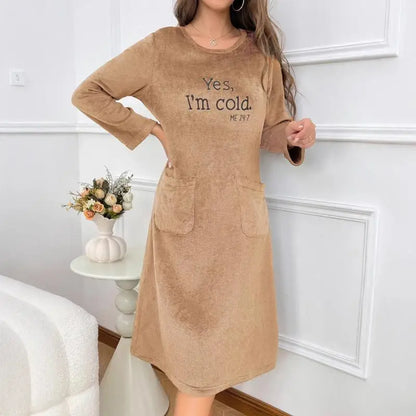 Women's Warm Fleece Nightgown - Soft Long Sleeve Velvet Home Dress for Autumn & Winter