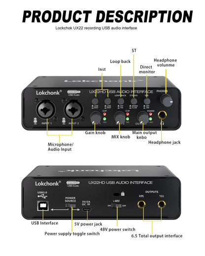 UX22 Audio Interface Sound Card – 32-bit/192KHz AD Converter for Electric Guitar, Live Recording, Studio Singing & Podcast