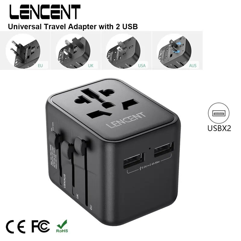 LENCENT International Travel Adapter – All-in-One Charger with 2 USB Ports, EU/UK/USA/AUS Plugs for Worldwide Travel