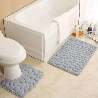 2PC Embossed Stone Pattern Toilet & Door Mats – Water-Absorbing, Non-Slip, Washable Home Decor Carpets