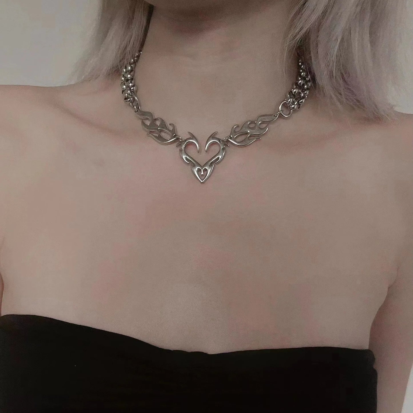 Y2K Punk Silver Flame Heart Pendant - Hip Hop Party Necklace Jewelry Gift for Women