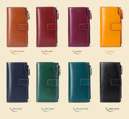 2024 New RFID Long Women’s Wallet — Genuine Leather Clutch with Zipper Coin Pocket, Card Holder & Printed Design