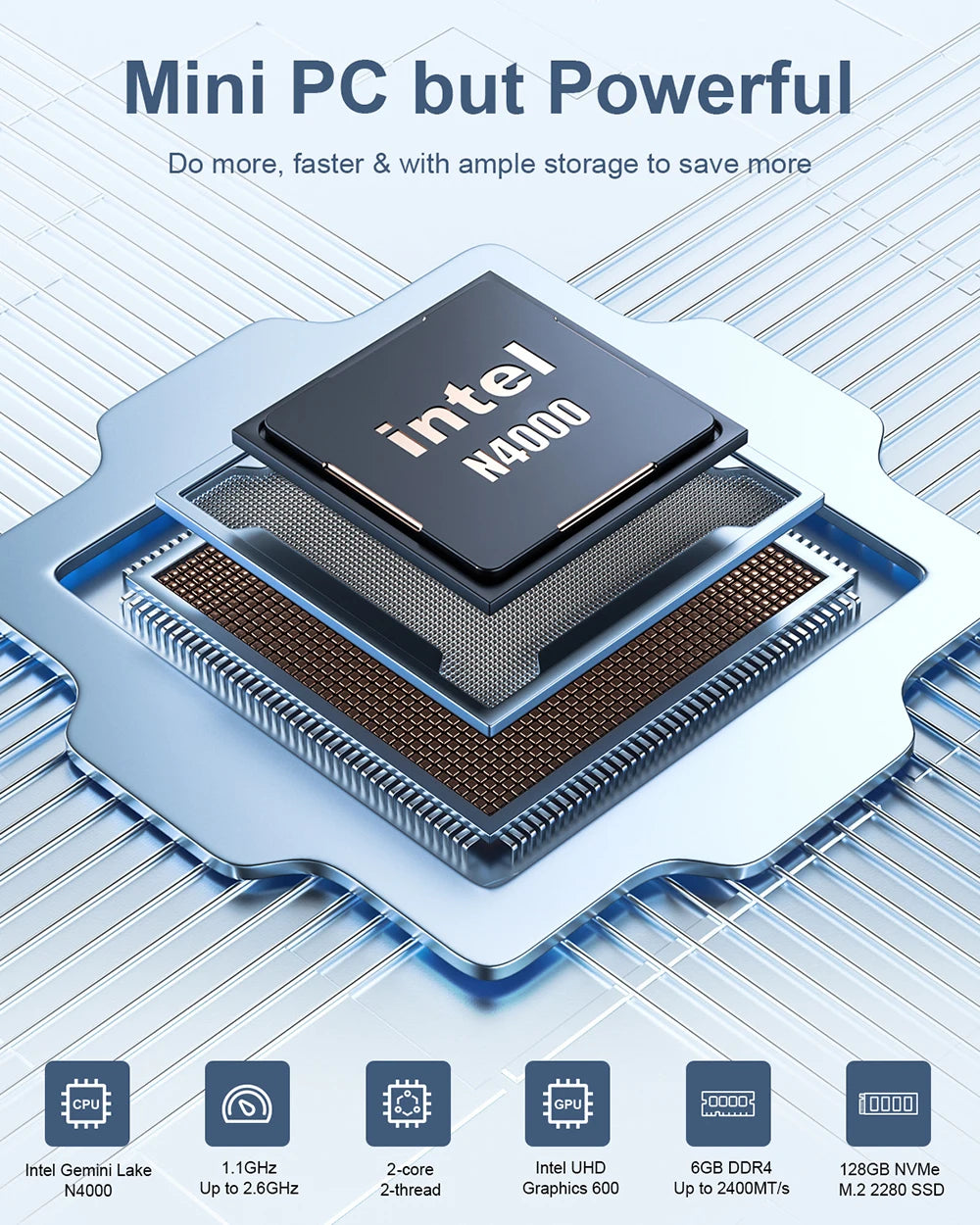 MLLSE Mini PC M2 Air – Intel Gemini Lake N4000, 6GB RAM, 128GB ROM, Dual-Band WiFi, Bluetooth, Windows 11