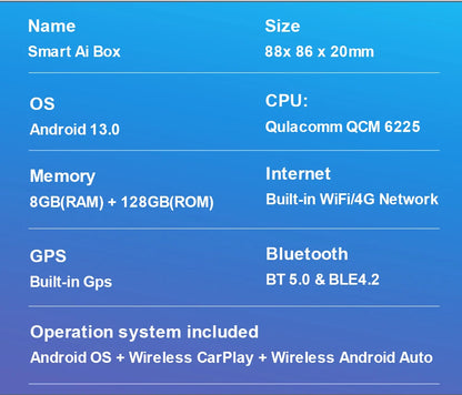 CarPlay TV Box Android 13 – Wireless Android Auto CarPlay Adapter Qualcomm 6225 8GB+128GB for Volvo, Benz, Audi, Kia, Hyundai, Mazda, VW