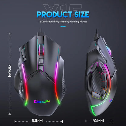 12800DPI RGB Gaming Mouse – Free Weight Macro with 12 Programmable Keys, 6-Level RGB Light for PC, Mac, PUBG, Laptop