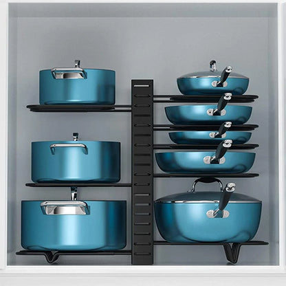 Adjustable 8-Tier Pan Pot Organizer Rack: Space-Saving Kitchen Cabinet Storage - DIY Methods for Pots, Pans, and Lids