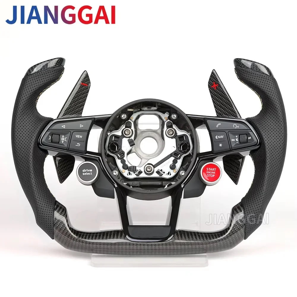 Carbon Fiber Steering Wheel - Sport Racing Wheel with Paddle Shifts, Buttons & Trim for Audi R8 TT TTS 2016-2023