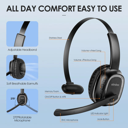 Siindoo JH-101 Wireless Call Center Headset with Mic — Noise Canceling Office Headphones 50H Talk Time