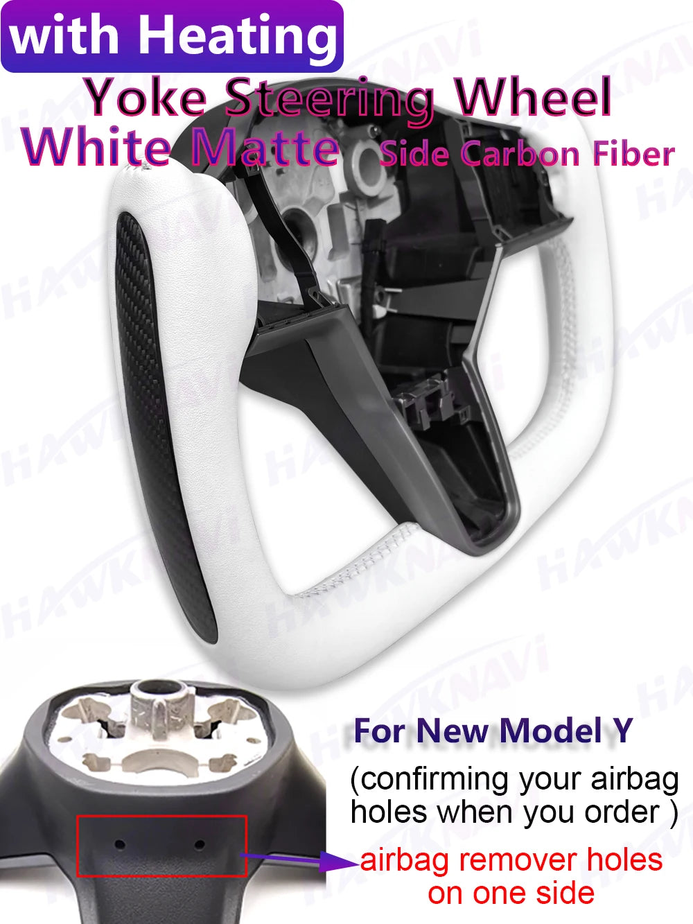 Hawknavi 350mm Yoke Steering Wheel – Leather Racing Style for Tesla Model 3 & Model Y, Heated Optional, White & Black