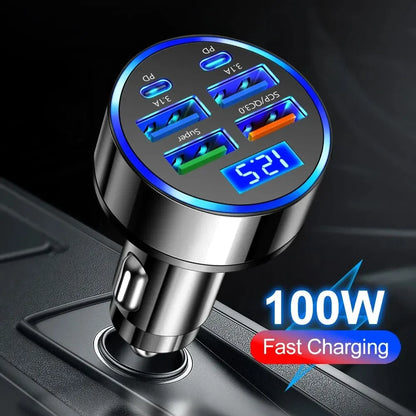 66-250W PD Car Charger – QC3.0 Fast Charge, 1-to-6 Cigarette Lighter Plug with Digital Display