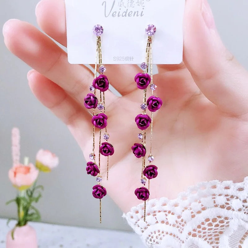 French Red Rose Tassel Earrings - Elegant Flower Zircon Dangle Jewelry for Bridal Weddings & Parties