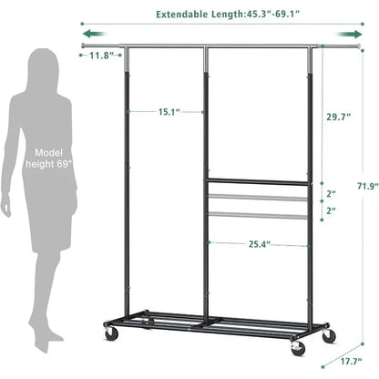 Heavy Duty Rolling Clothing Rack – Portable Clothes Hanger with Wheels for Walk-In Closets