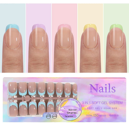 150PCS Press On Fake Nails - 6 Color Multi-Size Almond Acrylic Nails with French Style Removable Design