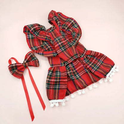 Christmas Dog Dress with Straps - Festive Autumn/Winter Skirt for Small Dogs, Cat Pet Clothing in Checker Pattern for Holiday Cosplay