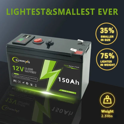 LiFePO4 12V 150Ah Rechargeable Lithium Battery – Built-in BMS, Ideal for Ride-On Toys, Solar Panels, Fish Finders & Power Wheels
