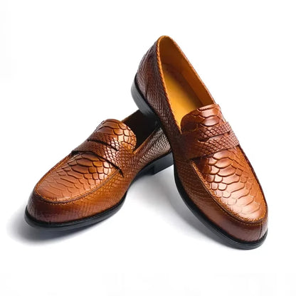 Men’s Genuine Leather Snake Print Penny Loafers - Handcrafted Slip-On Driving, Business & Formal Shoes