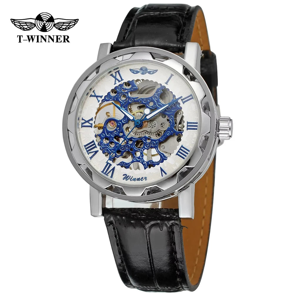 T-Winner Classic Skeleton Watch – Mechanical Hand-Wind Wristwatch with PU Leather Strap for Men & Women