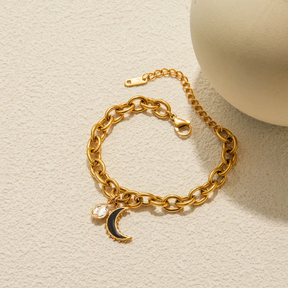 Minimalist 18K Gold Plated Water Drop Pendant Bracelet – Stainless Steel Rhinestone Black Oil Drop Moon Design Jewelry for Women