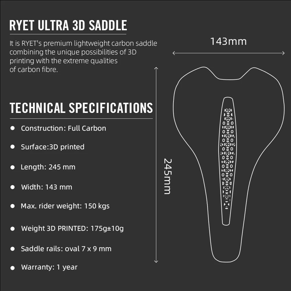 RYET Carbon 3D Printed Bike Saddle – Ultralight 175g Seat for Men & Women Road, MTB, Gravel, Triathlon Cycling
