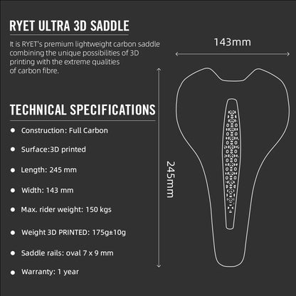 RYET Carbon 3D Printed Bike Saddle – Ultralight 175g Seat for Men & Women Road, MTB, Gravel, Triathlon Cycling