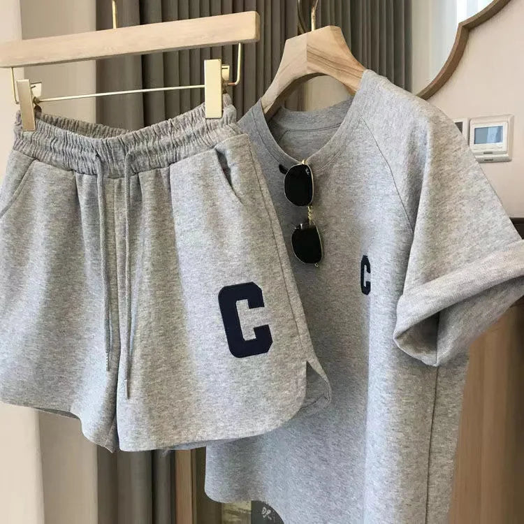 Women's 2-Piece Summer Pajamas Set – Loose Short Sleeve T-Shirt and Casual Shorts with Sports Letter Print, Large Size Homewear