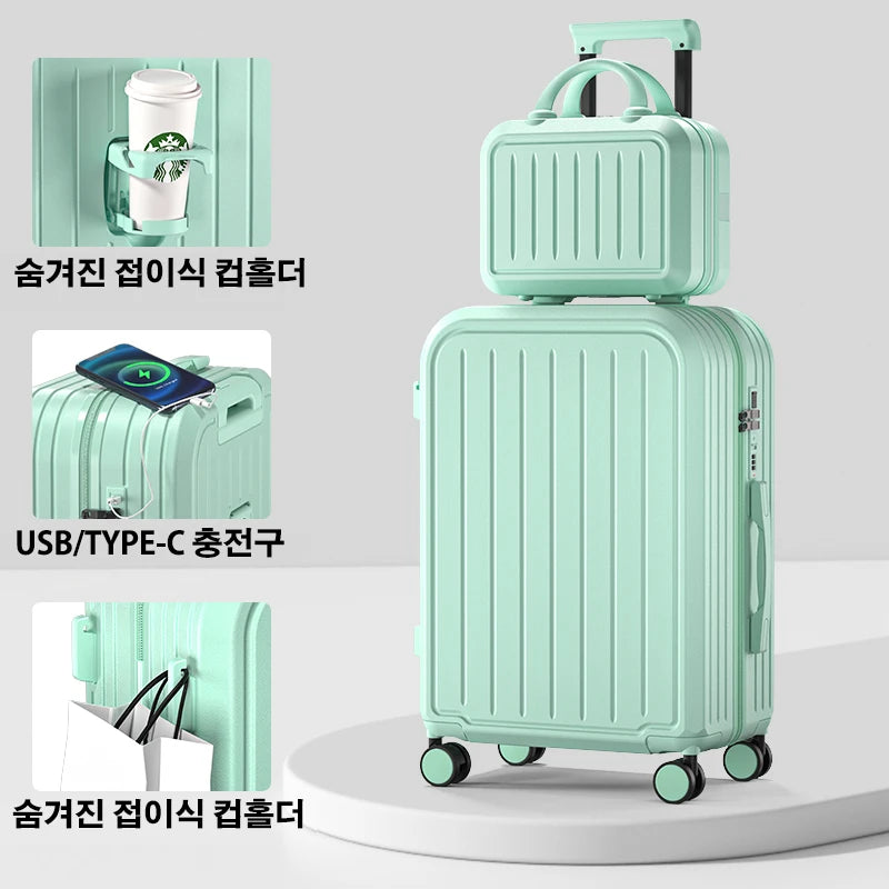 Large Capacity Trolley Suitcase – 20/22/24/26/28" Travel Luggage with Cup Holder for Business & Leisure