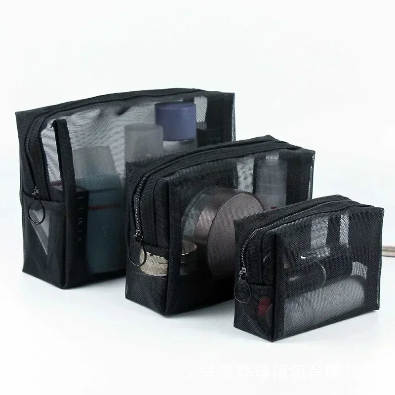 Transparent Mesh Zipper Cosmetic Bag – Fashionable Black Toiletry Organizer, Small & Large Makeup Pouch for Women