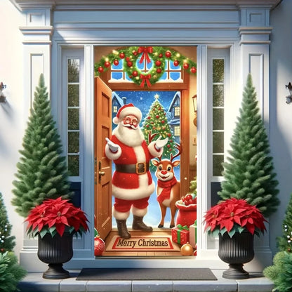 Cute Animals Christmas & New Year Door Cover – Dog, Cat, Snowman, Gingerbread Man Holiday Outdoor Winter Decoration Gift