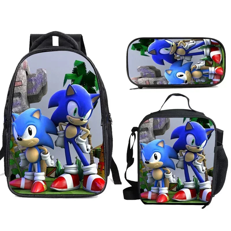 3PC Cartoon School Bag Set – Sonic Lunch Bag, Pencil Case & Backpack for Primary & Middle School Students
