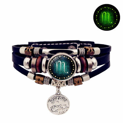 Starry Sky Zodiac Luminous Leather Bracelet - Multi-Layered Beaded Snap Closure for Men & Women, Friendship Bracelet