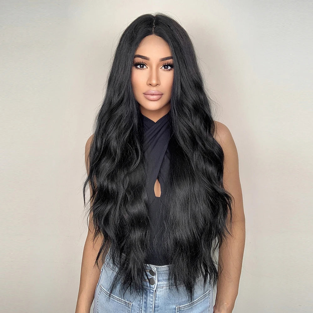 ALAN EATON Black Long Wavy Synthetic Wig – Natural Afro Hair, Middle Part, Heat-Resistant Fiber for Daily Use