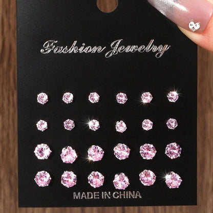 12 Pairs Luxurious Zirconia Earrings Set – Shiny Elegant Simple Stud Jewelry Gift for Parties, Couples & Daily Wear