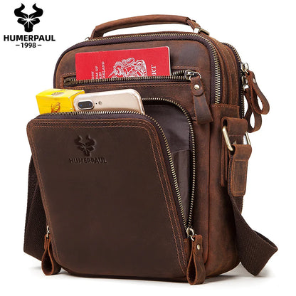 HUMERPAUL Genuine Leather Men's Shoulder Bag – Vintage Crossbody, Large Capacity Messenger Tote for Travel
