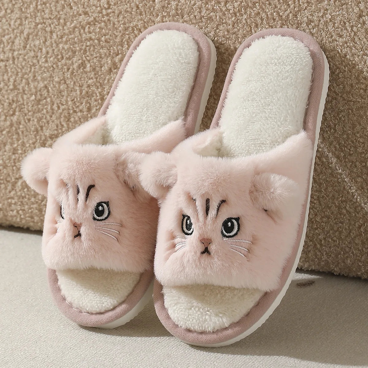 Cartoon Cat Plush Slippers - Women’s Open Toe Faux Fur Indoor Shoes with Non-Slip Wave Sole
