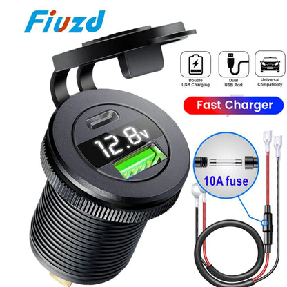 USB Car Charger PD 3.0 Quick Charge Power Socket with LED Voltmeter 12V/24V Waterproof Dual Port for Car Boat Universal Power Outlet